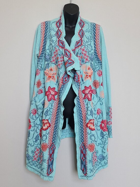 Johnny Was Sweaters - Biya Johnny Was Turquoise Embroidered Open Front Cardigan Size Medium